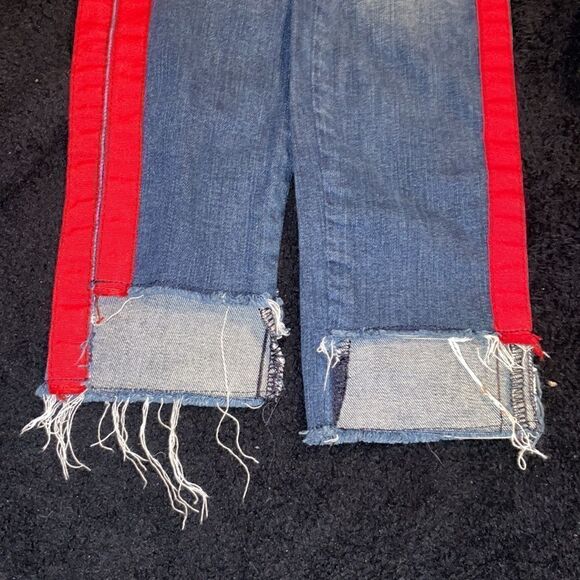 Etienne Marcel Tammy Side Stripe Skinny Double Red Ribbon High Low Raw Hem Jeans - Picture 6 of 8